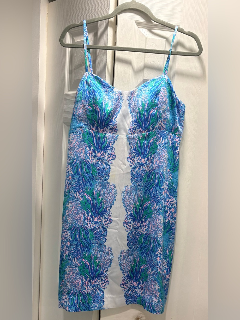 Lilly Pulitzer turquoise+Green Shell Print Spaghetti Strap Dress size 10 EUV